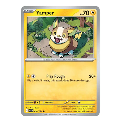 A single Pokémon trading card for Yamper from the Basic set, featuring a yellow and silver card design with artwork of a small cream and green creature.
