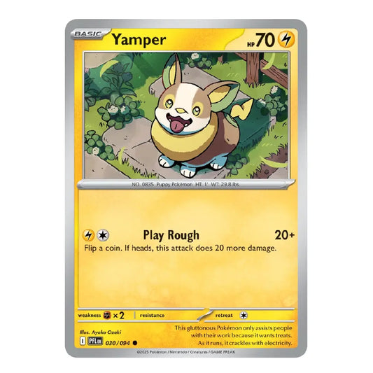 A single Pokémon trading card for Yamper from the Basic set, featuring a yellow and silver card design with artwork of a small cream and green creature.