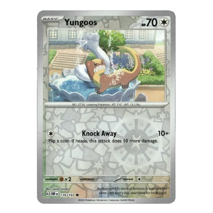 A single Pokémon trading card for Yungoos from the Basic set, shown against a plain white background. The card features a silver border, a central illustration of two white and brown Yungoos in a fountain, and the text 'Knock Away' and '10+'.