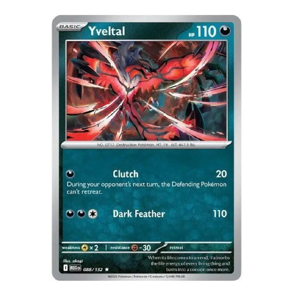 A single Pokémon trading card for Yveltal from the Basic Set, shown against a plain white background. The card features a dark teal-blue border, red and black artwork of Yveltal in the center, and text detailing its 'Clutch' and 'Dark Feather' moves.