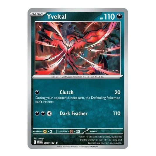 A single Pokémon trading card for Yveltal from the Basic Set, shown against a plain white background. The card features a dark teal-blue border, red and black artwork of Yveltal in the center, and text detailing its 'Clutch' and 'Dark Feather' moves.