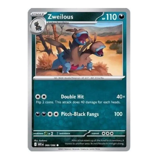 A single Pokémon trading card for Zweilous from the Ho-Oh & Mew! TCG, featuring artwork of the character in a desert landscape with a teal-blue card frame and silver border.