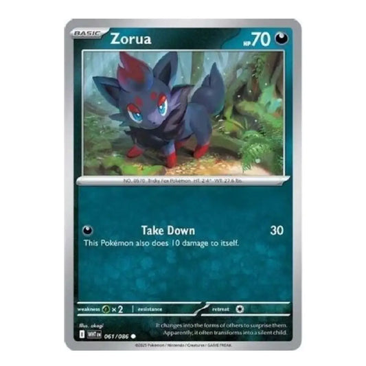 A single Pokémon trading card for Zorua, shown against a plain white background. The card features artwork of a dark blue-gray fox-like creature with red markings and blue eyes, with the text 'Zorua' and 'Take Down' visible on the card face.