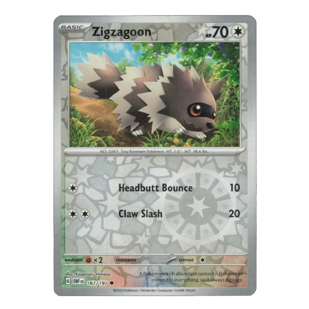 A holographic Pokémon TCG trading card of Zigzagoon from the Basic set, featuring a silver border and a detailed illustration of the character in a grassy field.
