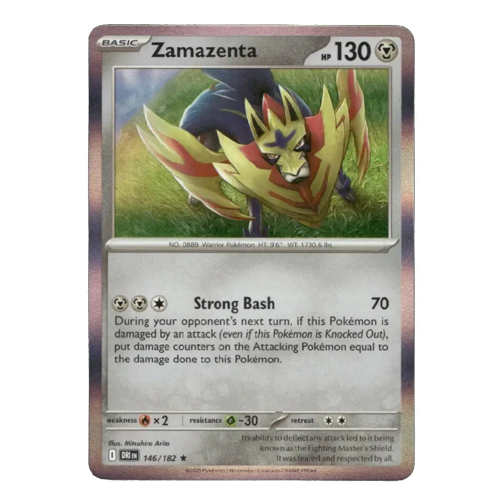 A single Pokémon trading card for Zamazenta from the Basic set, shown against a plain white background. The card features artwork of the character in a gold and red armored form, with a silver holographic border and black text.