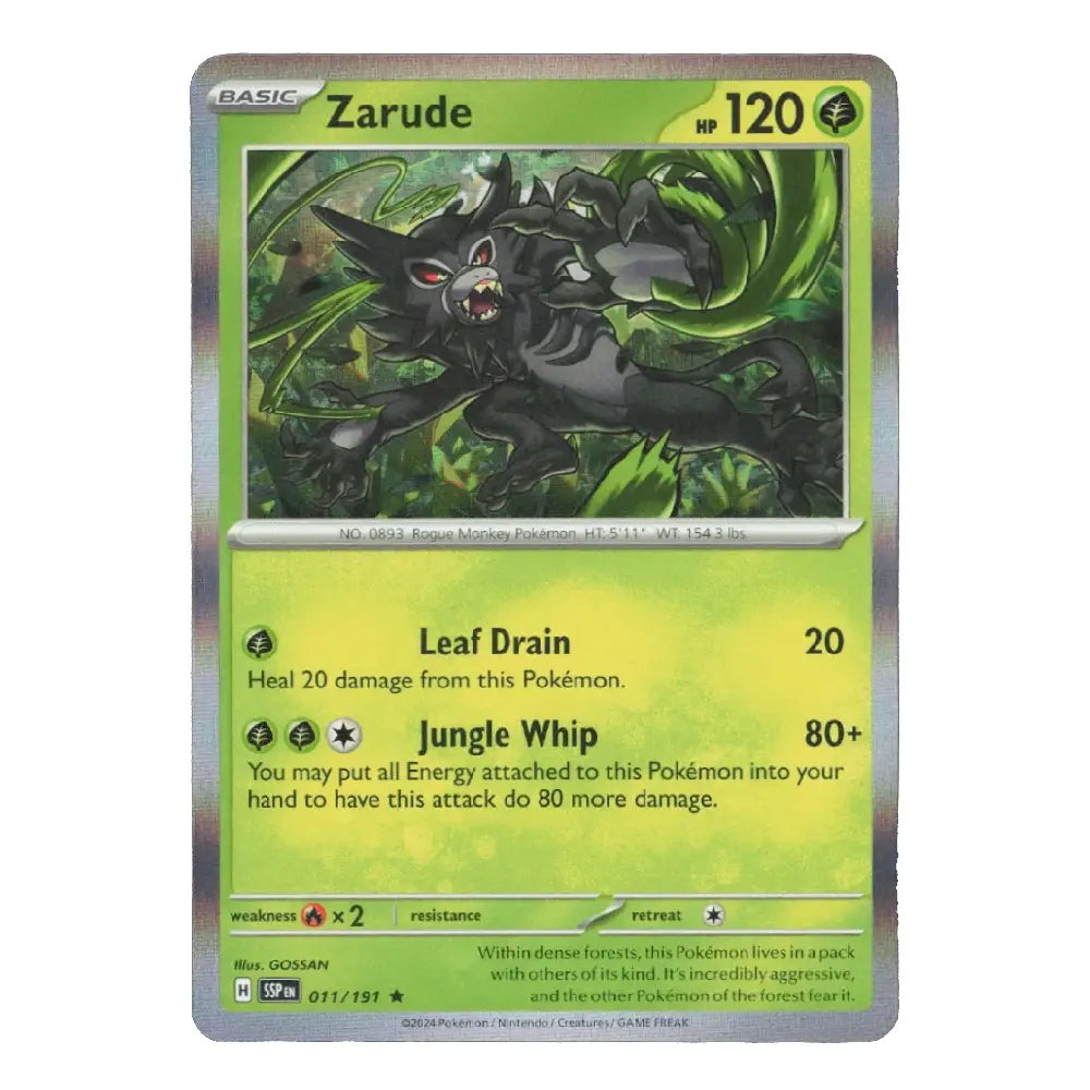 A holographic Pokémon trading card of Zarude from the Basic set, featuring a green and yellow design with artwork of the black-and-green bird Pokémon.