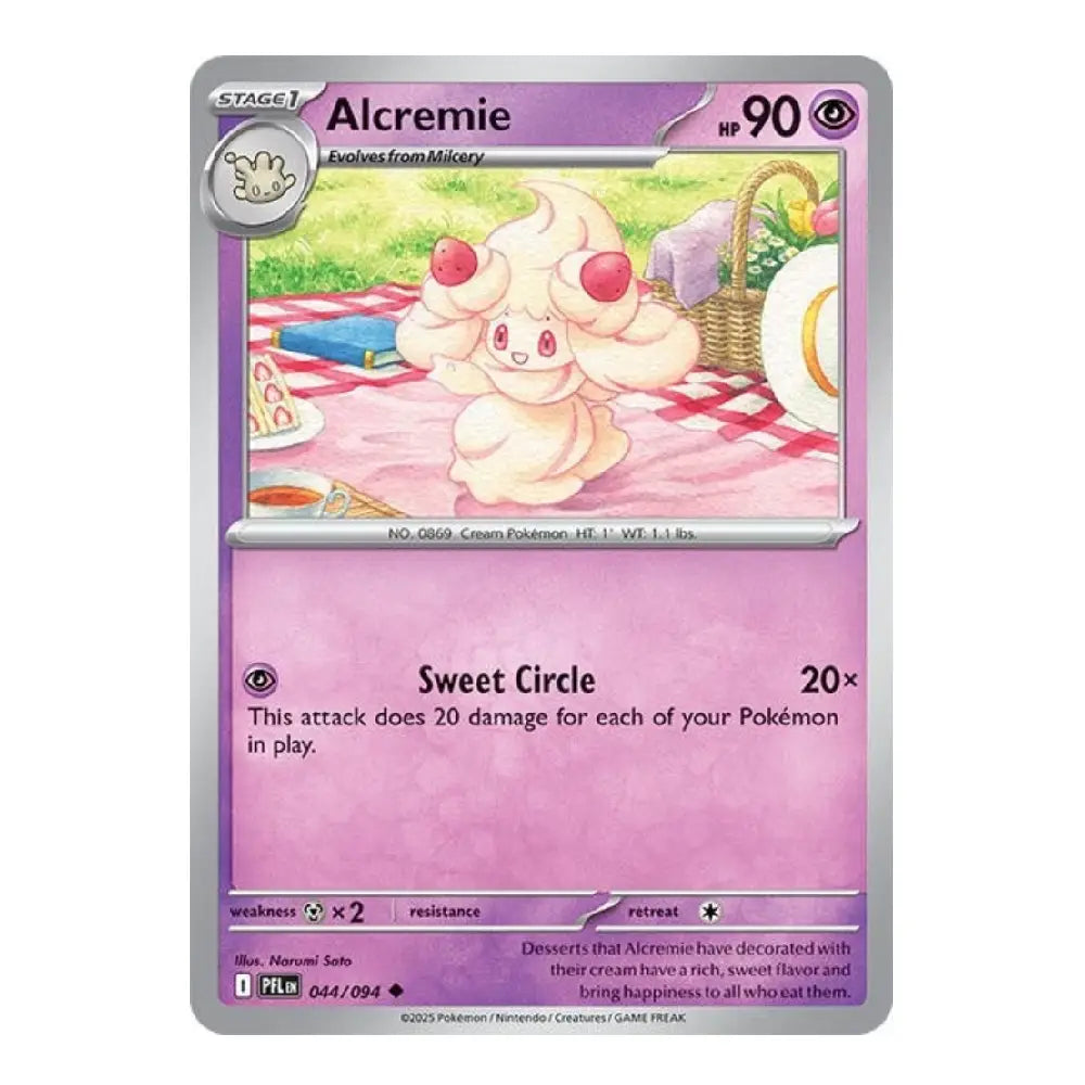 A single Alcremie Pokémon trading card shown against a plain white background. The card has a silver border, a purple header, and an illustration of the character Alcremie sitting at a red-and-white checkered picnic blanket.