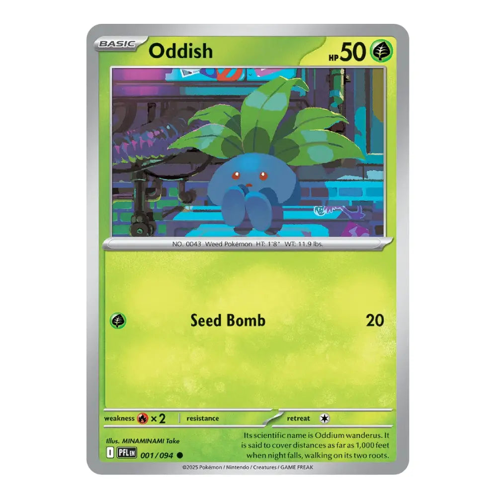 A single Pokémon trading card for the Oddish card, featuring a bright yellow-green background, a silver border, and artwork of the blue Oddish character in a forest. Visible text includes 'BASIC', 'Oddish', 'HP 50', and 'Seed Bomb 20'.