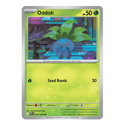 A single Pokémon trading card for the Oddish card, featuring a bright yellow-green background, a silver border, and artwork of the blue Oddish character in a forest. Visible text includes 'BASIC', 'Oddish', 'HP 50', and 'Seed Bomb 20'.