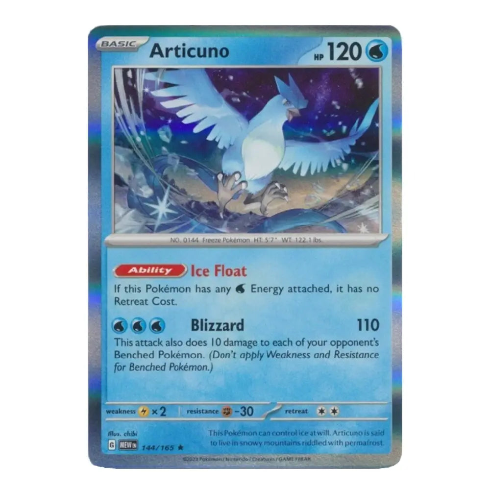 A holographic Articuno Pokémon trading card from the Basic set, featuring a blue and icy theme with a shimmering silver border.