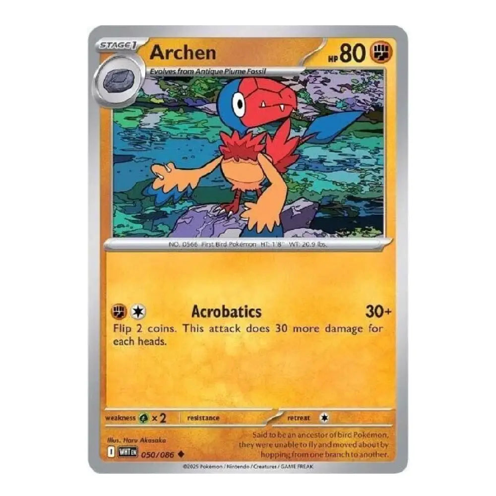A single Pokémon trading card featuring Archen, a Stage 1 Flying Fossil. The card has a silver border, a yellow-orange lower text area, and an illustration of the creature in the center.