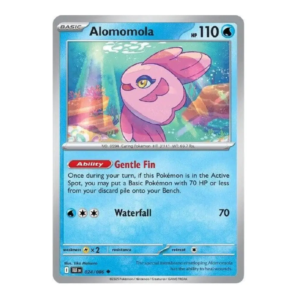 A single Pokémon trading card for Alomomola, shown against a plain white background. The card has a silver border, a blue water-themed background, and artwork of a pink Alomomola in the center.