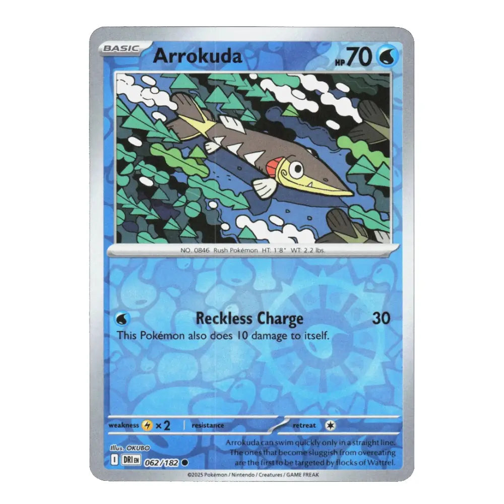 A single Arrokuda Pokémon trading card from the Basic set, featuring a blue water-themed background, silver border, and detailed illustration of the fish-like Pokémon in the center.