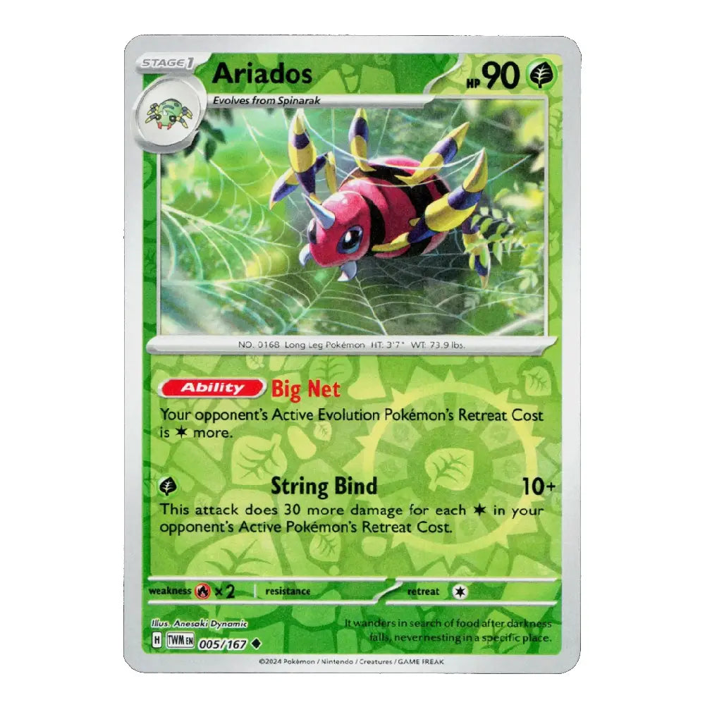 A single Pokémon trading card for Ariados from the ES24-01 set, featuring a green card design with a central illustration of the red and yellow spider-like Pokémon.