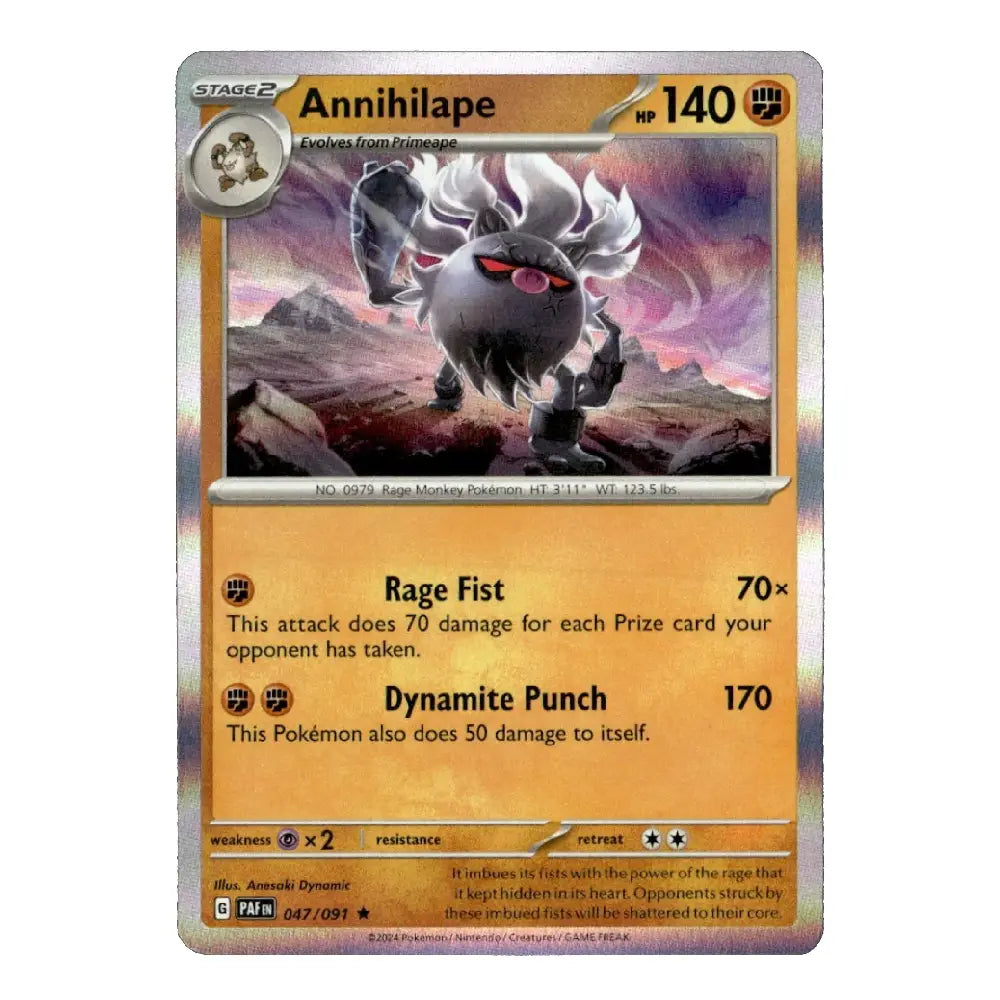 A single Pokémon trading card for Annihilape, shown flat against a plain white background. The card has a gold and orange border, holographic foil edges, and artwork of the Pokémon in a rocky scene with purple and pink tones.