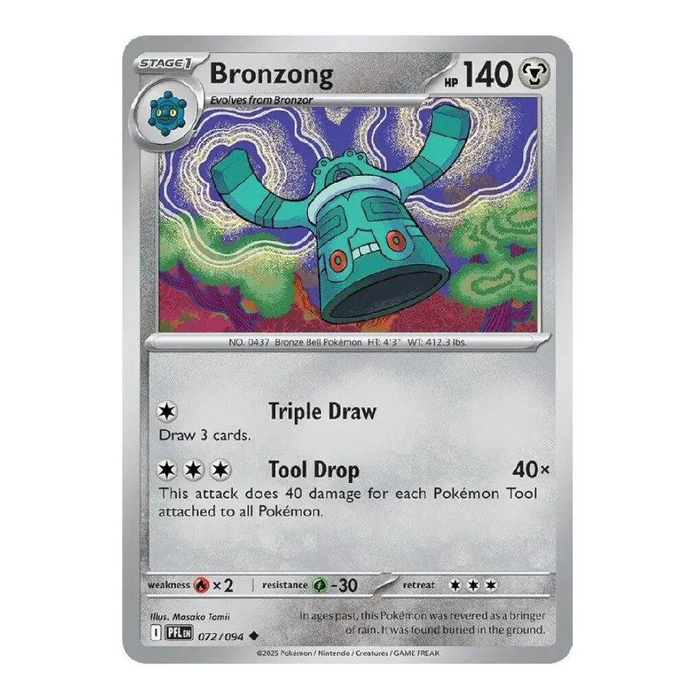 A single Pokémon trading card for Bronzong, shown flat against a plain white background. The card has a silver border, the character name Bronzong at the top, a colorful illustration of the character in the center, and game text including 'Triple Draw' and 'Tool Drop 40x'.