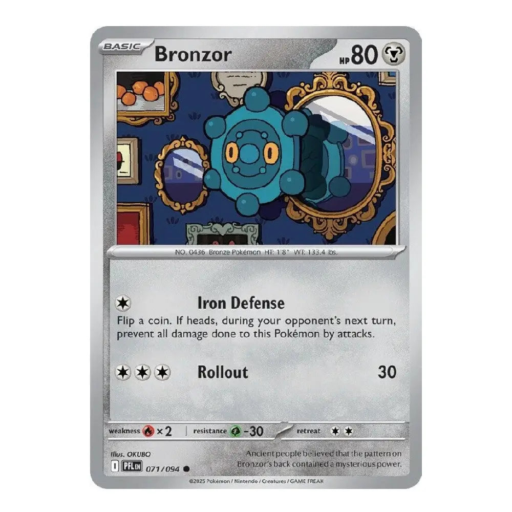 A single Pokémon trading card for Bronzor, shown flat against a plain white background. The card has a silver border, blue and teal artwork of the character in an ornate room, and printed text including 'Bronzor', '80', 'Iron Defense', and 'Rollout'.