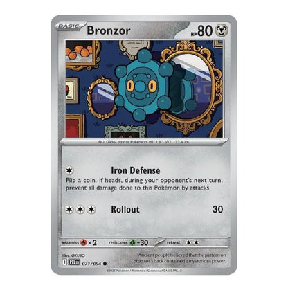A single Pokémon trading card for Bronzor, shown flat against a plain white background. The card has a silver border, blue and teal artwork of the character in an ornate room, and printed text including 'Bronzor', '80', 'Iron Defense', and 'Rollout'.