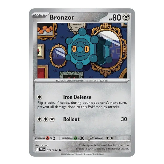 A single Pokémon trading card for Bronzor, shown flat against a plain white background. The card has a silver border, blue and teal artwork of the character in an ornate room, and printed text including 'Bronzor', '80', 'Iron Defense', and 'Rollout'.