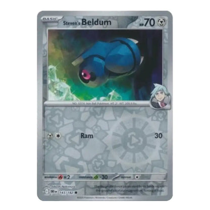 A single Pokémon trading card featuring Steven's Beldum from the Basic set, with a silver border and artwork of a blue creature in a green and dark scene.