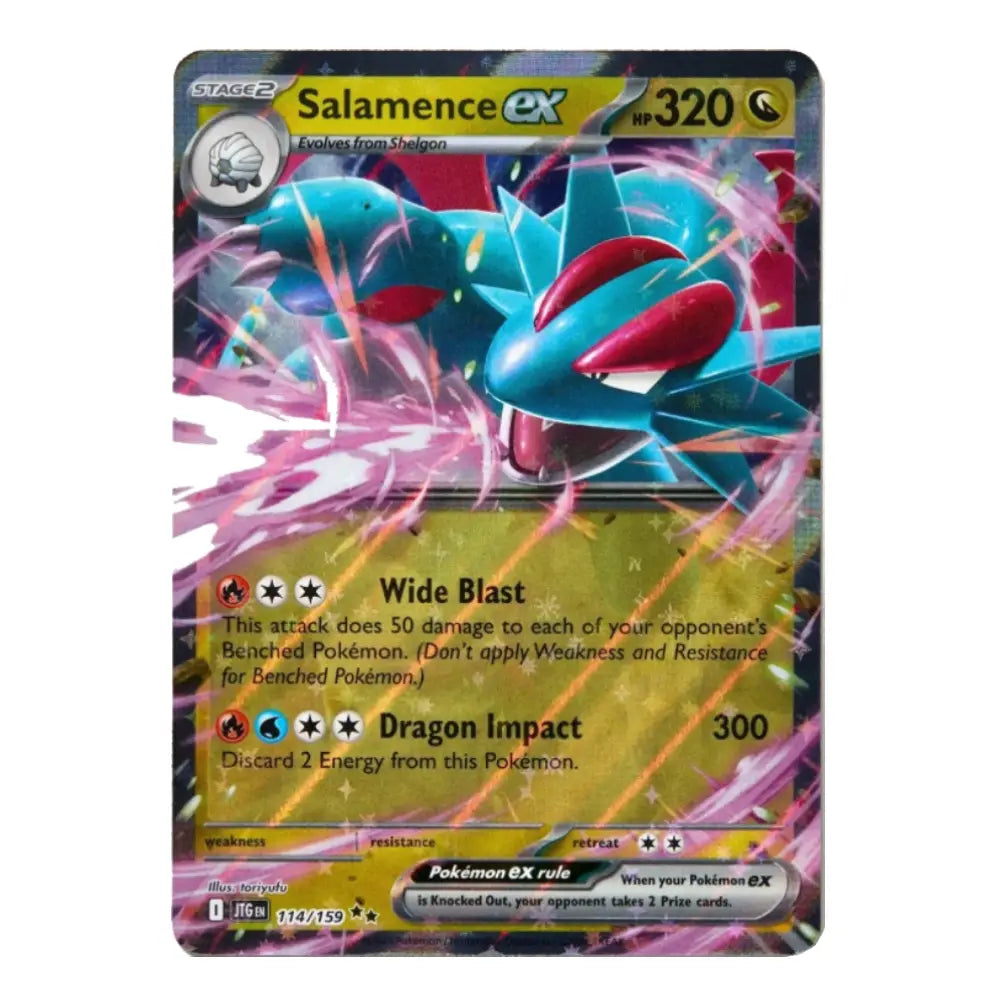 A holographic Pokémon TCG card featuring Salamence EX from the Evolving Skies expansion. The card shows Salamence with its signature blue and red coloration, surrounded by pink energy effects, with a gold-colored damage box and black border.