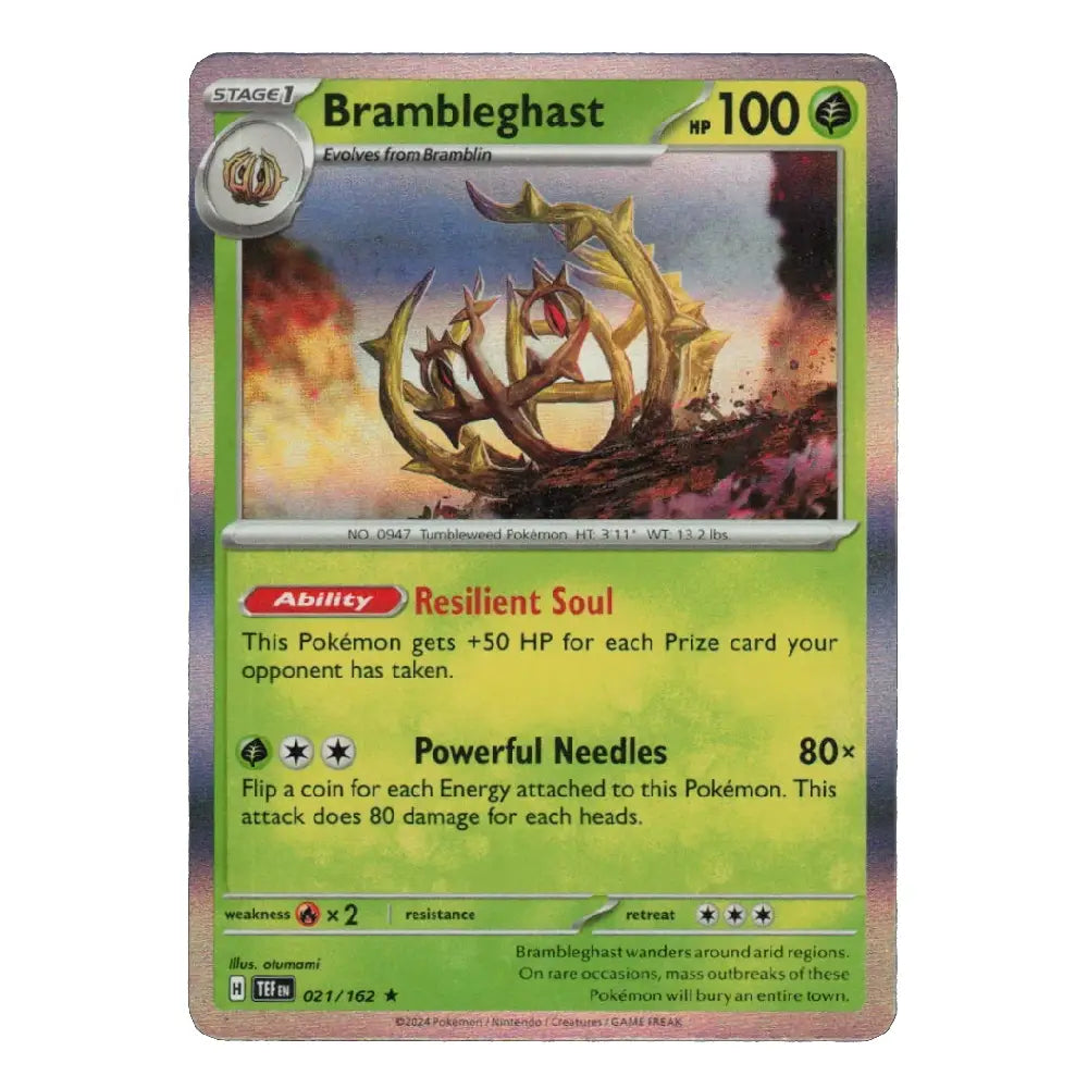 A single Pokémon trading card for Brambleghast, shown straight-on against a plain white background. The card has a green lower text panel, a central illustration of a brown antlered creature, and a purple border.