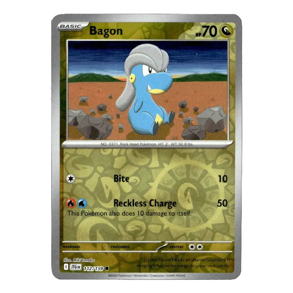 A single Pokémon trading card for Bagon from the Basic set, shown against a plain white background. The card features a silver border, a green-tinted patterned lower section, and artwork of a blue creature with gray hair in a rocky desert landscape.