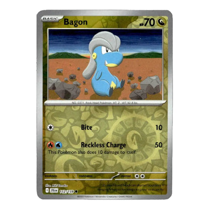 A single Pokémon trading card for Bagon from the Basic set, shown against a plain white background. The card features a silver border, a green-tinted patterned lower section, and artwork of a blue creature with gray hair in a rocky desert landscape.