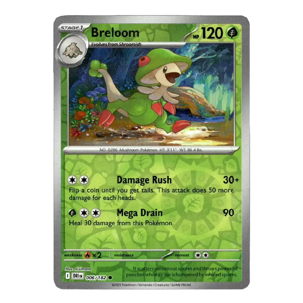 A single Pokémon trading card featuring Breloom, a Stage 1 Grass-type creature. The card has a green and yellow-green design with artwork of Breloom in a forest, and text for Damage Rush and Mega Drain.