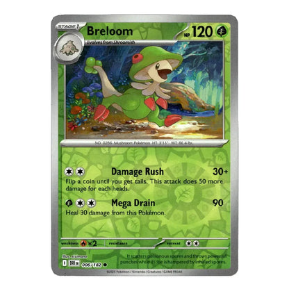 A single Pokémon trading card featuring Breloom, a Stage 1 Grass-type creature. The card has a green and yellow-green design with artwork of Breloom in a forest, and text for Damage Rush and Mega Drain.