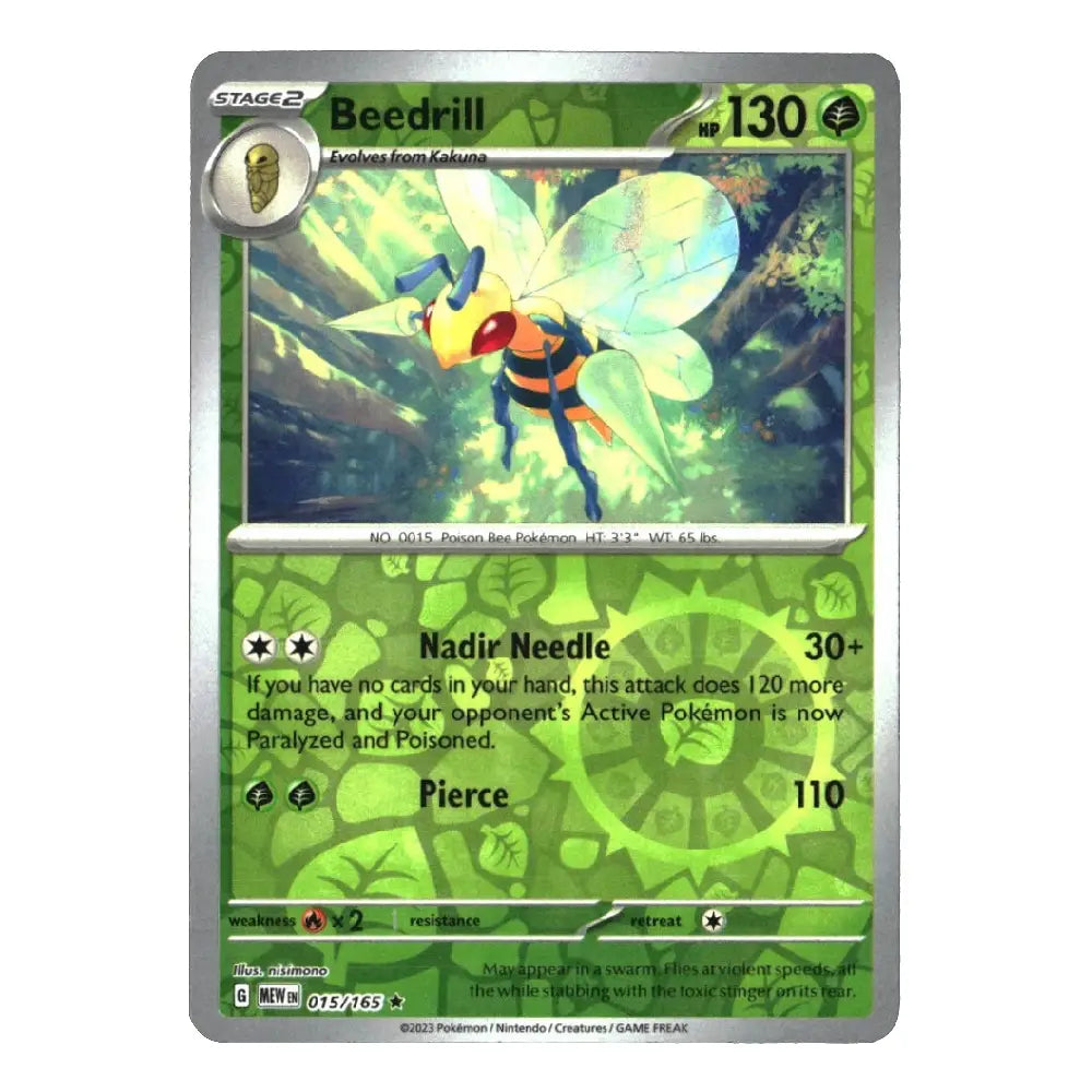 A single Pokémon trading card for Beedrill, shown flat against a plain white background. The card has a green and silver design with artwork of the insect in the center and text including 'Stage 2', '130', 'Nadir Needle', and 'Pierce'.