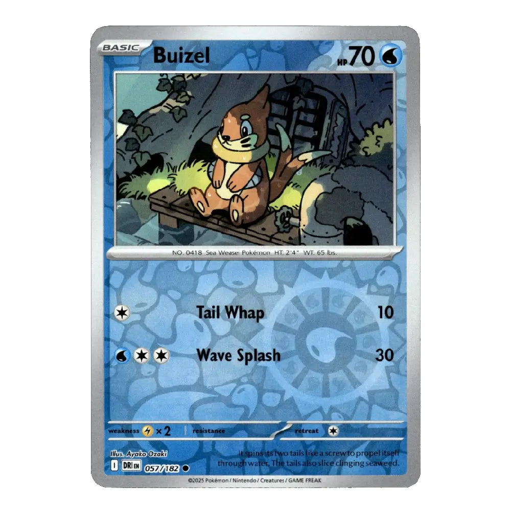 A single Pokémon trading card for Buizel from the Basic set, shown against a plain white background. The card has a blue and silver design with an illustration of Buizel in a rocky setting.