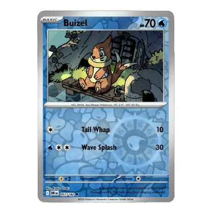 A single Pokémon trading card for Buizel from the Basic set, shown against a plain white background. The card has a blue and silver design with an illustration of Buizel in a rocky setting.