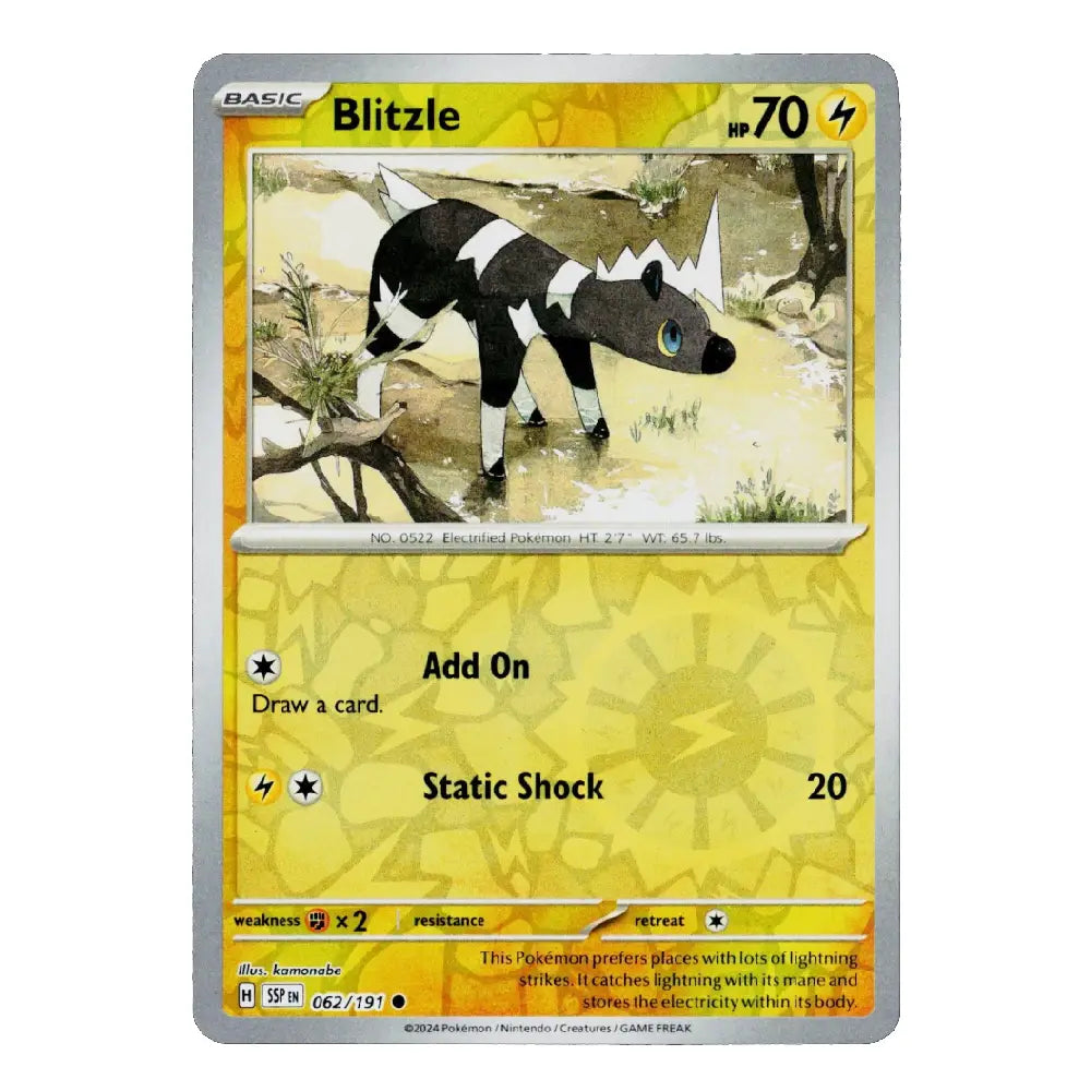 A single Pokémon trading card for Blitzle from the Basic set, shown against a plain white background. The card has a yellow and gold design with an illustration of a black-and-white dog in a pond and text including 'Blitzle', 'Add On', and 'Static Shock'.