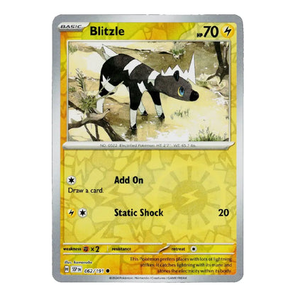 A single Pokémon trading card for Blitzle from the Basic set, shown against a plain white background. The card has a yellow and gold design with an illustration of a black-and-white dog in a pond and text including 'Blitzle', 'Add On', and 'Static Shock'.