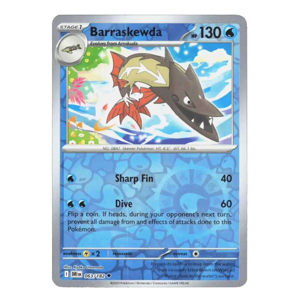 A holographic Pokémon trading card of Barraskewda from the 2021 TCG Kickoff set, featuring a silver border and blue water-themed background.
