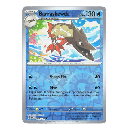 A holographic Pokémon trading card of Barraskewda from the 2021 TCG Kickoff set, featuring a silver border and blue water-themed background.