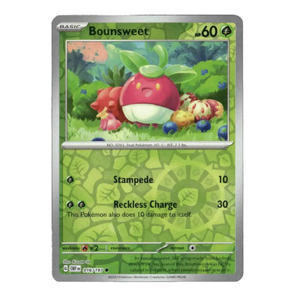 A single Pokémon trading card for Bounsweet from the Silver Tempest expansion, featuring artwork of a red berry-like creature in a green forest. The card includes the text 'Stampede 10' and 'Reckless Charge 30'.