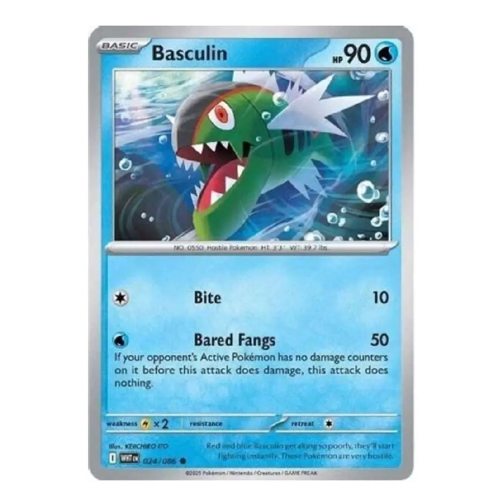 A single Pokémon trading card for Basculin, shown against a plain white background. The card has a blue and silver border with artwork of a green fish-like creature in water and text including 'BASIC', 'Basculin', and attack details.
