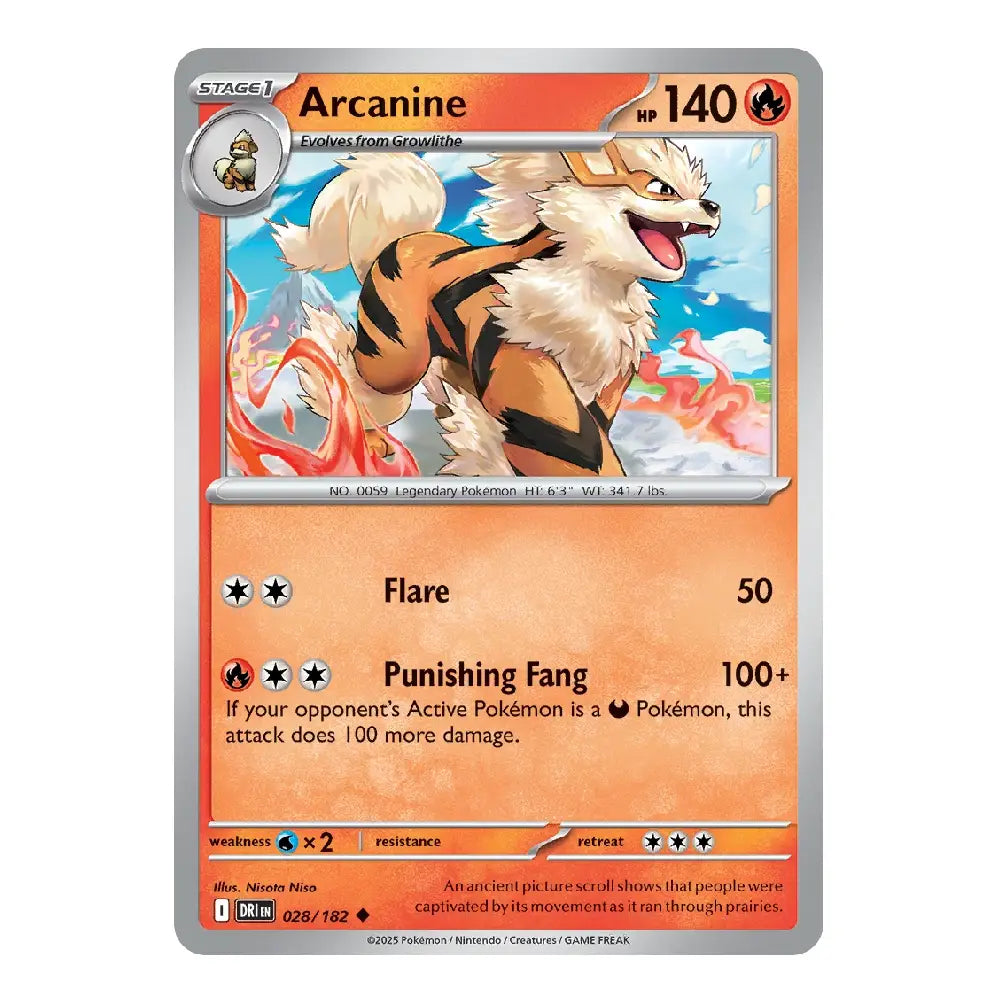A single Pokémon trading card for Arcanine, shown flat against a plain white background. The card has a silver border, orange text boxes, and artwork of a fluffy white and orange canine with red markings.