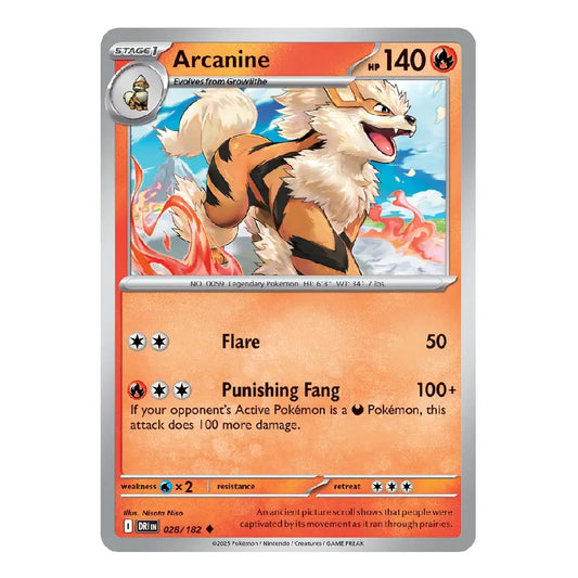 A single Pokémon trading card for Arcanine, shown flat against a plain white background. The card has a silver border, orange text boxes, and artwork of a fluffy white and orange canine with red markings.
