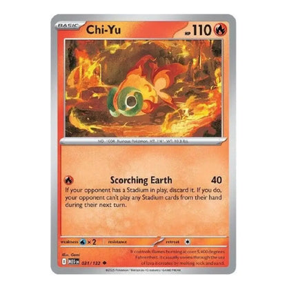 A Chi-Yu Scorching Earth Pokémon trading card from the 2024 Evolving Skies expansion, featuring a fiery illustration of the dragon and orange text on a silver-bordered card.