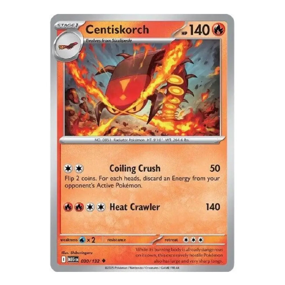A single Pokémon trading card for Centiskorch from the Eevee expansion, featuring a fiery red and orange creature illustration, orange text boxes, and a silver border on a plain white background.