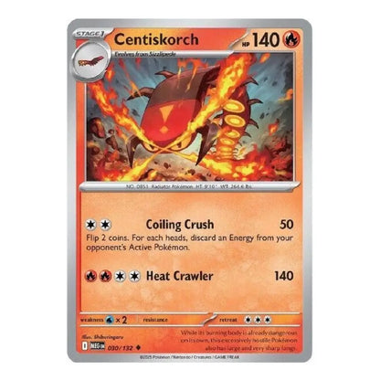 A single Pokémon trading card for Centiskorch from the Eevee expansion, featuring a fiery red and orange creature illustration, orange text boxes, and a silver border on a plain white background.