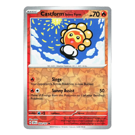 A single Pokémon trading card featuring Castform in Sunny Form, shown against a plain white background. The card has a silver border, a blue sky illustration with yellow sun rays and a cartoon Castform, and orange text boxes with move text including Sunny Form and Sunny Assist.