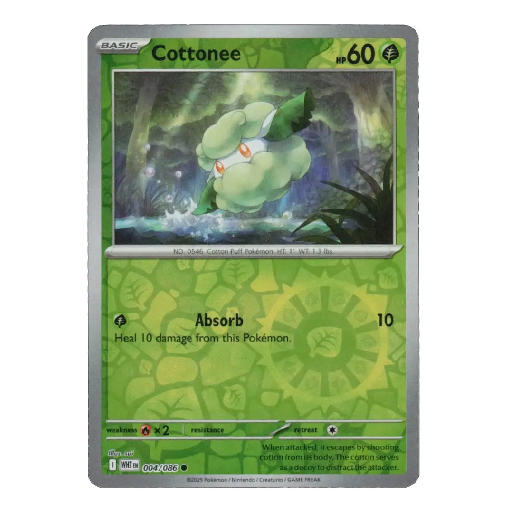 A single Pokémon trading card for Cottonée from the Basic set, shown against a plain white background. The card features green artwork, a silver border, and printed text including 'Cottonée', 'hp 60', and 'Absorb'.