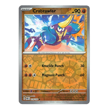 A single Pokémon trading card for Crabrawler, shown flat against a plain white background. The card has a silver border, a tan and orange lower half, and artwork of a blue and purple crab character in the center.
