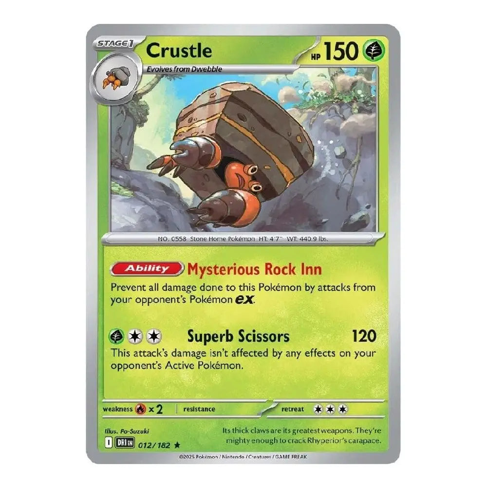 A single Pokémon trading card for Crustle from the 2013 Platinum Holo Hoop set, featuring a silver border, green and yellow-green background, and character artwork of a rock creature.