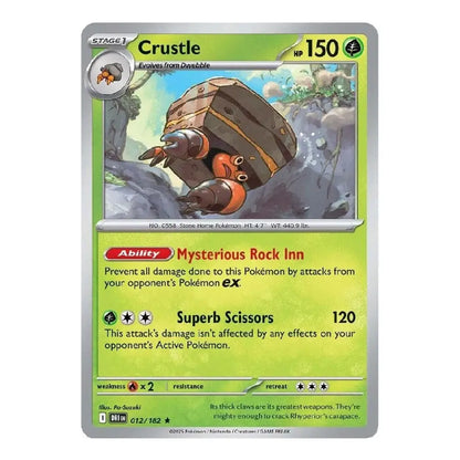 A single Pokémon trading card for Crustle from the 2013 Platinum Holo Hoop set, featuring a silver border, green and yellow-green background, and character artwork of a rock creature.