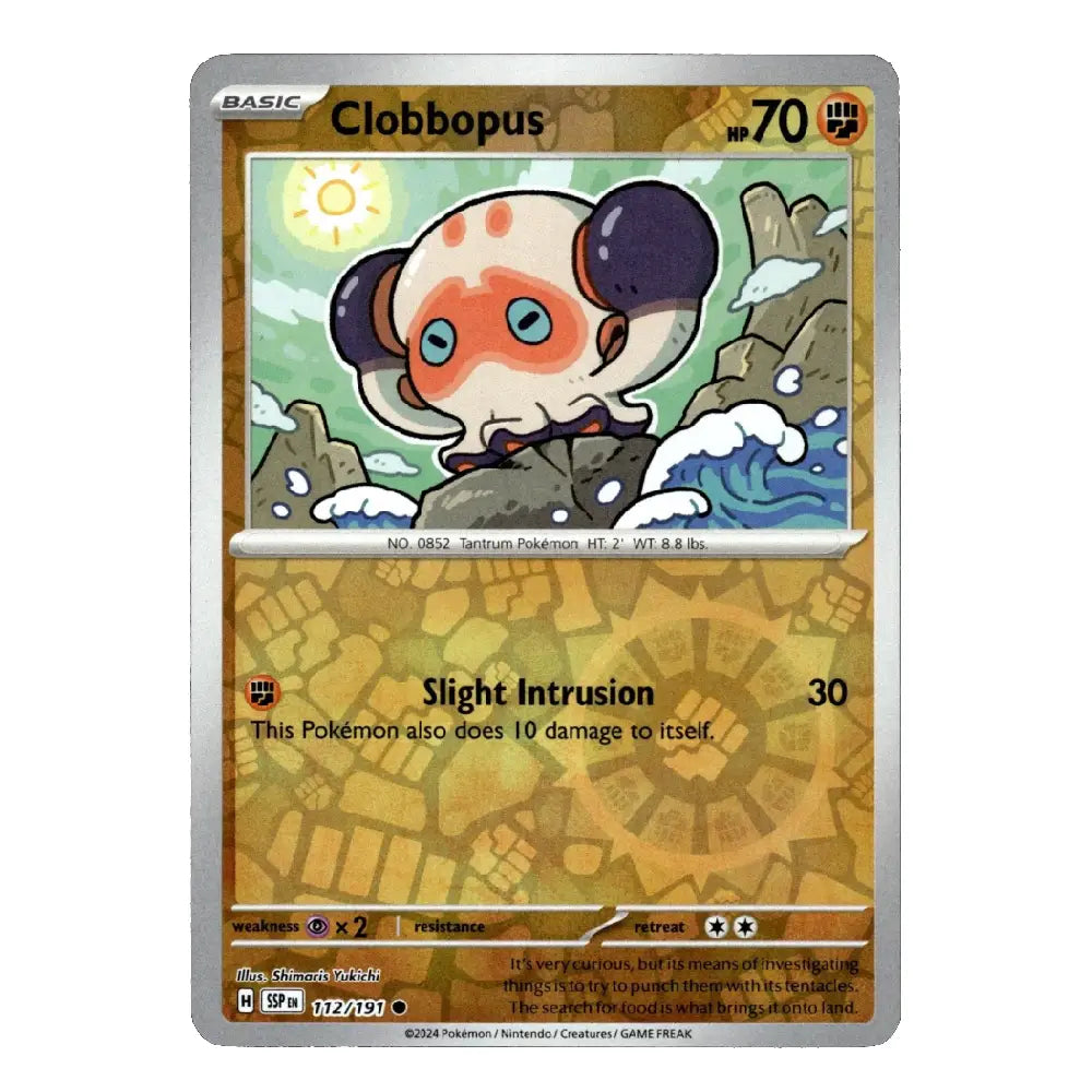 A single Pokémon trading card for Clobbopus from the Silver Tempest expansion, featuring a silver border, gold-toned text sections, and artwork of the character in a rocky, water-themed scene.